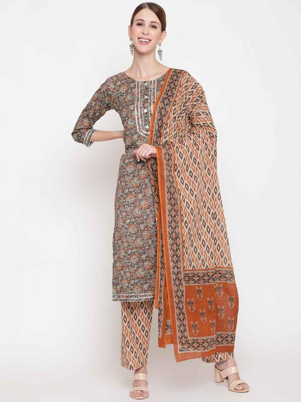 Women's Brown Floral Printed Gotta Patti Pure Cotton Kurta With Trousers & With Dupatta - THE NKS PLUS - Indiakreations