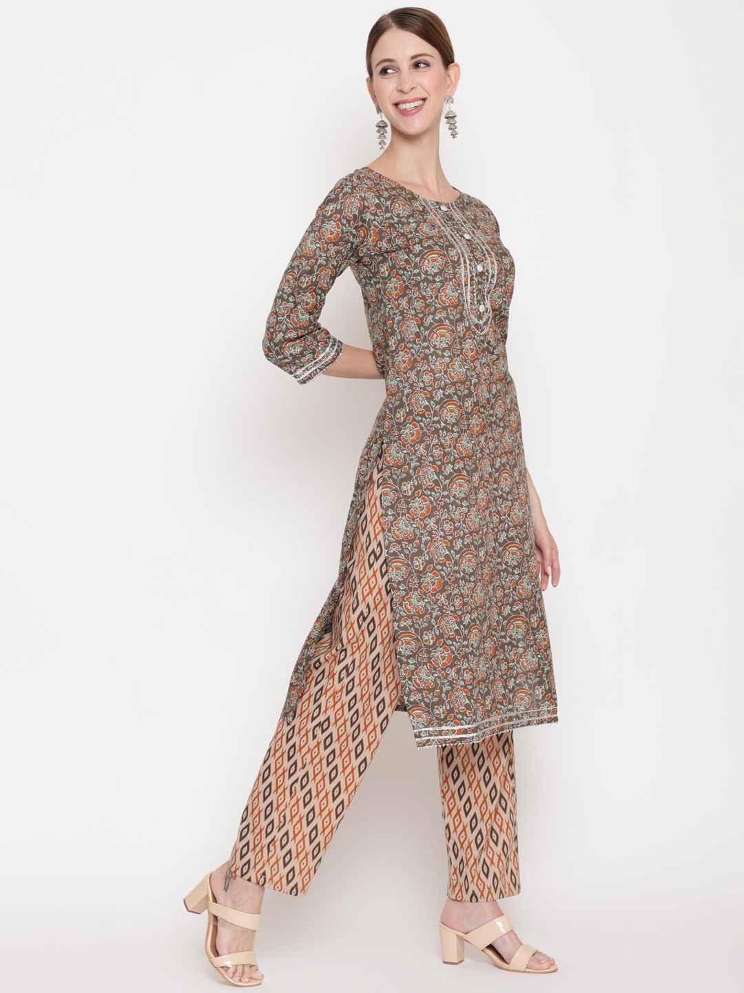 Women's Brown Floral Printed Gotta Patti Pure Cotton Kurta With Trousers & With Dupatta - THE NKS PLUS - Indiakreations