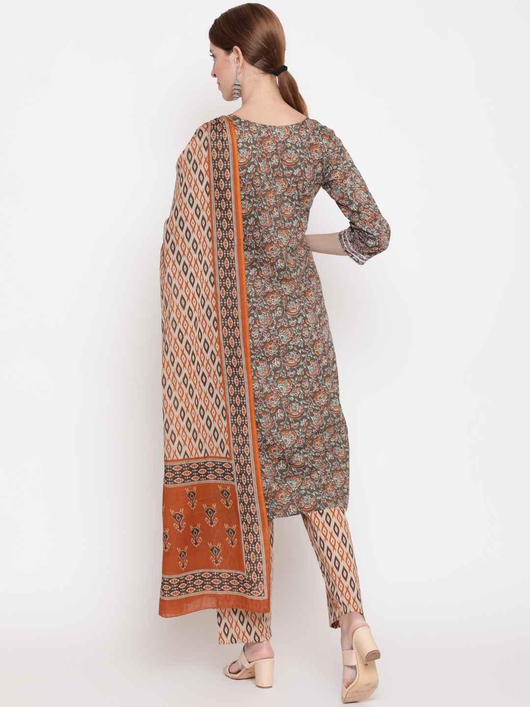 Women's Brown Floral Printed Gotta Patti Pure Cotton Kurta With Trousers & With Dupatta - THE NKS PLUS - Indiakreations