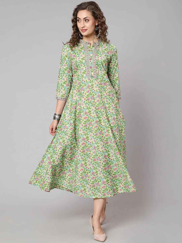 Women's Green Floral Ethnic A-Line Midi Dress - THE NKS PLUS - Indiakreations