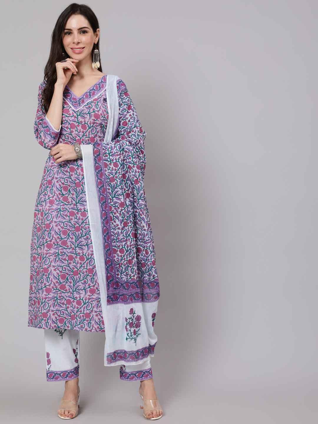 Women's Purple Floral Printed Pure Cotton Kurta With Trousers & Dupatta - THE NKS PLUS - Indiakreations