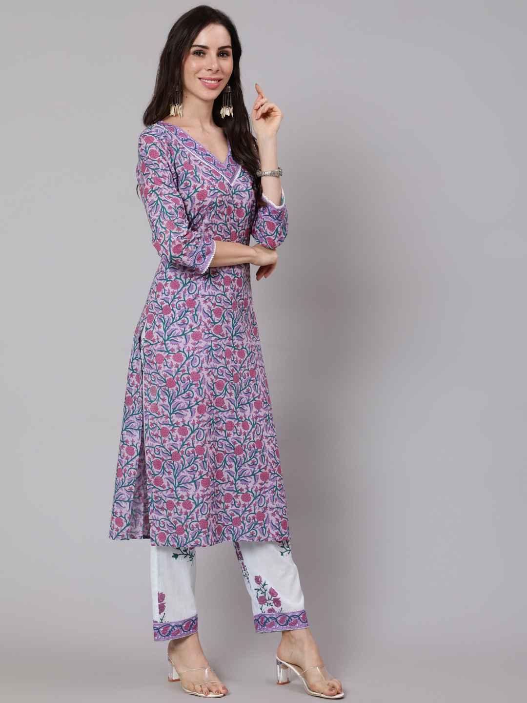 Women's Purple Floral Printed Pure Cotton Kurta With Trousers & Dupatta - THE NKS PLUS - Indiakreations