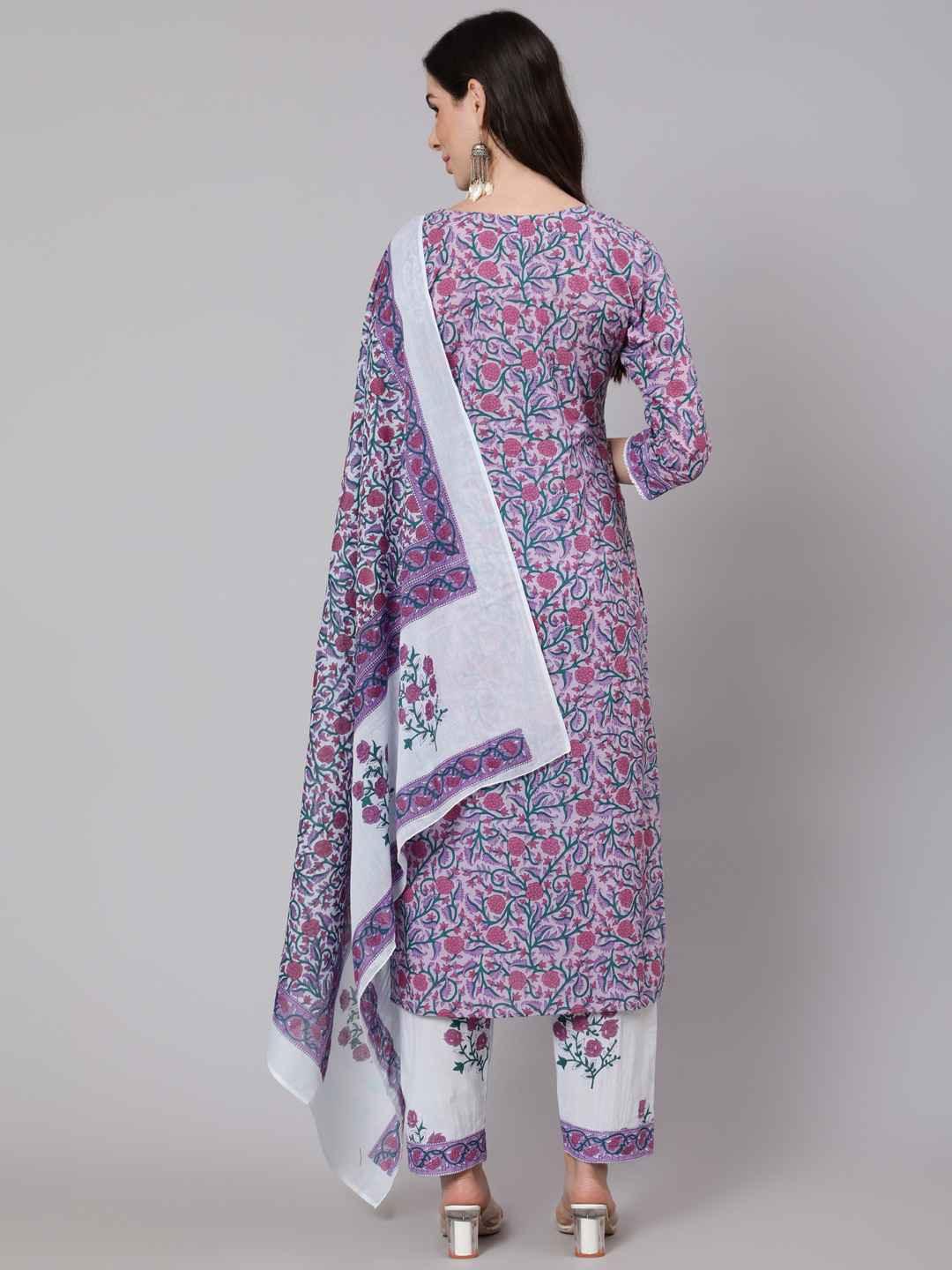 Women's Purple Floral Printed Pure Cotton Kurta With Trousers & Dupatta - THE NKS PLUS - Indiakreations