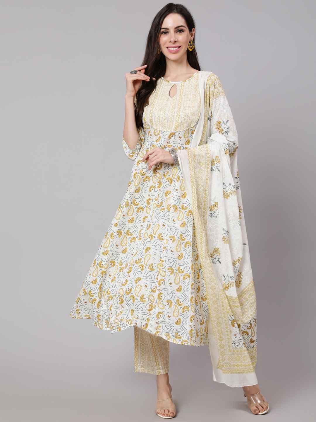 Women's Yellow Paisley Printed Pure Cotton Kurta With Palazzos & With Dupatta - THE NKS PLUS - Indiakreations