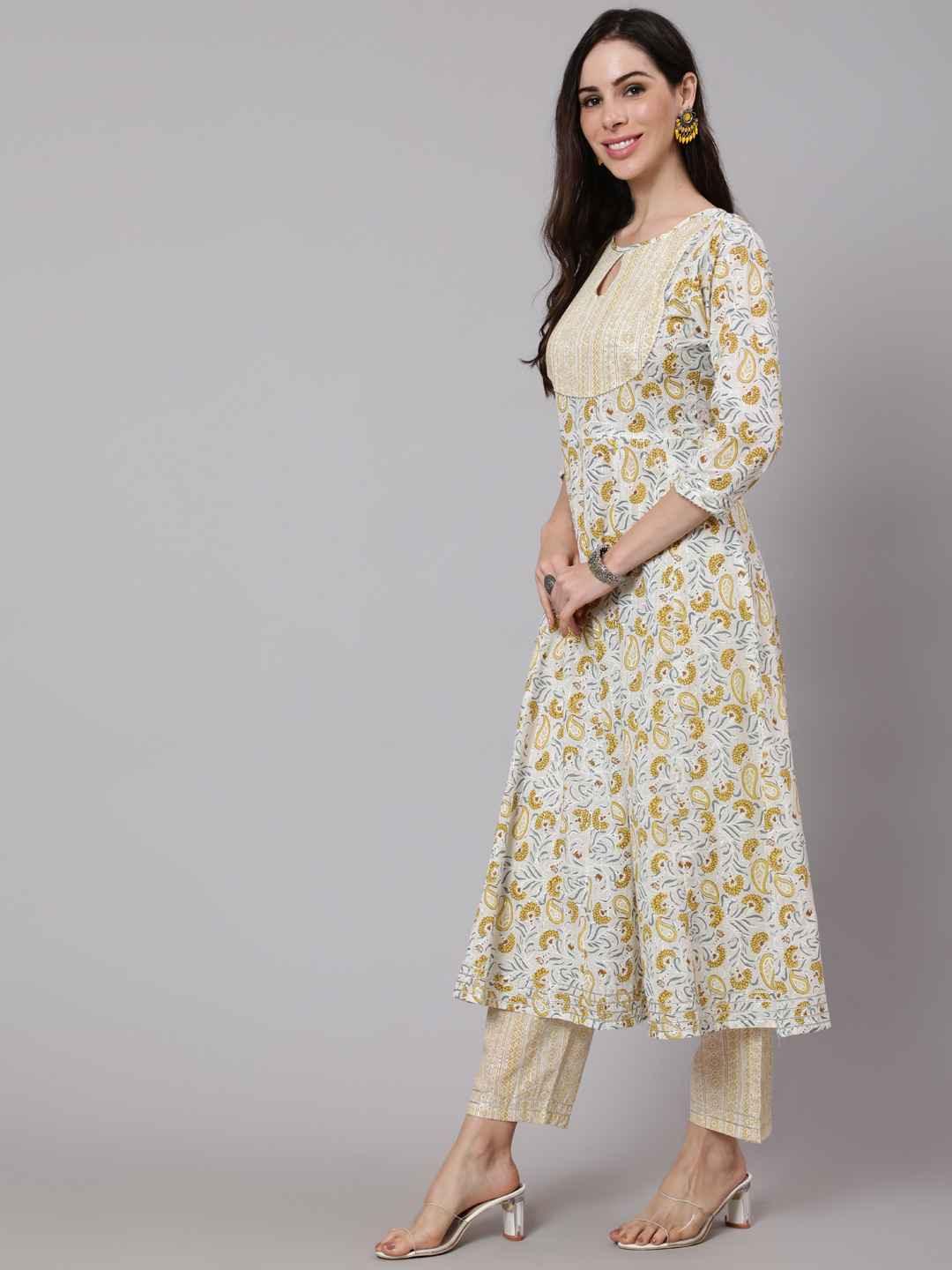 Women's Yellow Paisley Printed Pure Cotton Kurta With Palazzos & With Dupatta - THE NKS PLUS - Indiakreations