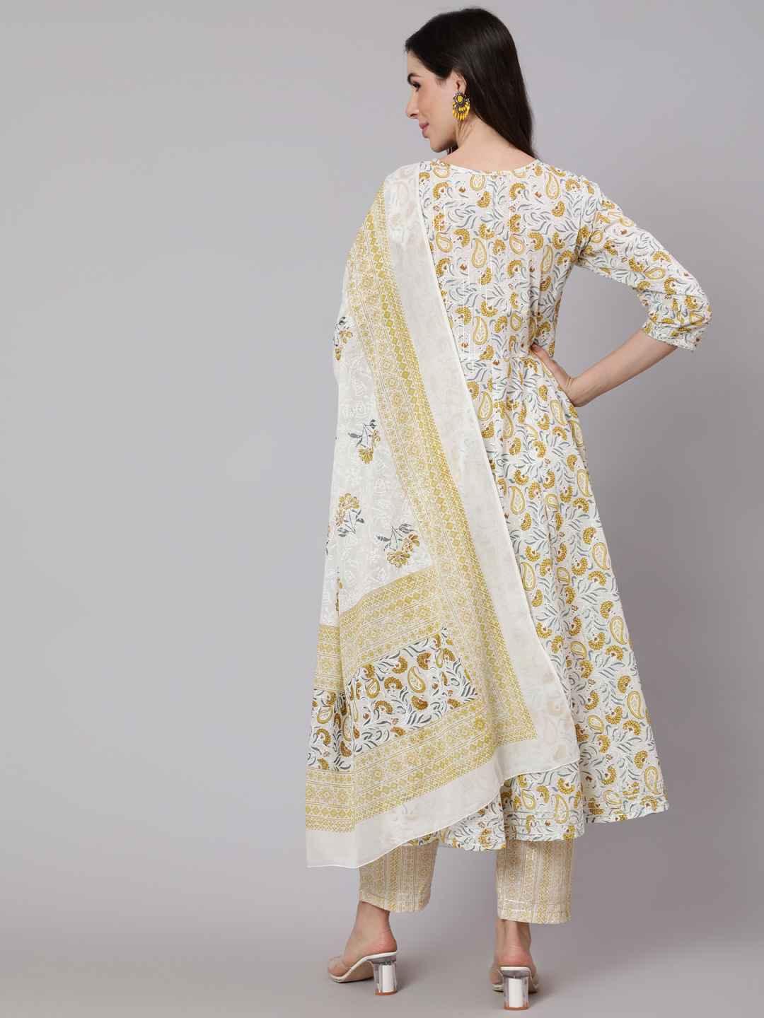 Women's Yellow Paisley Printed Pure Cotton Kurta With Palazzos & With Dupatta - THE NKS PLUS - Indiakreations