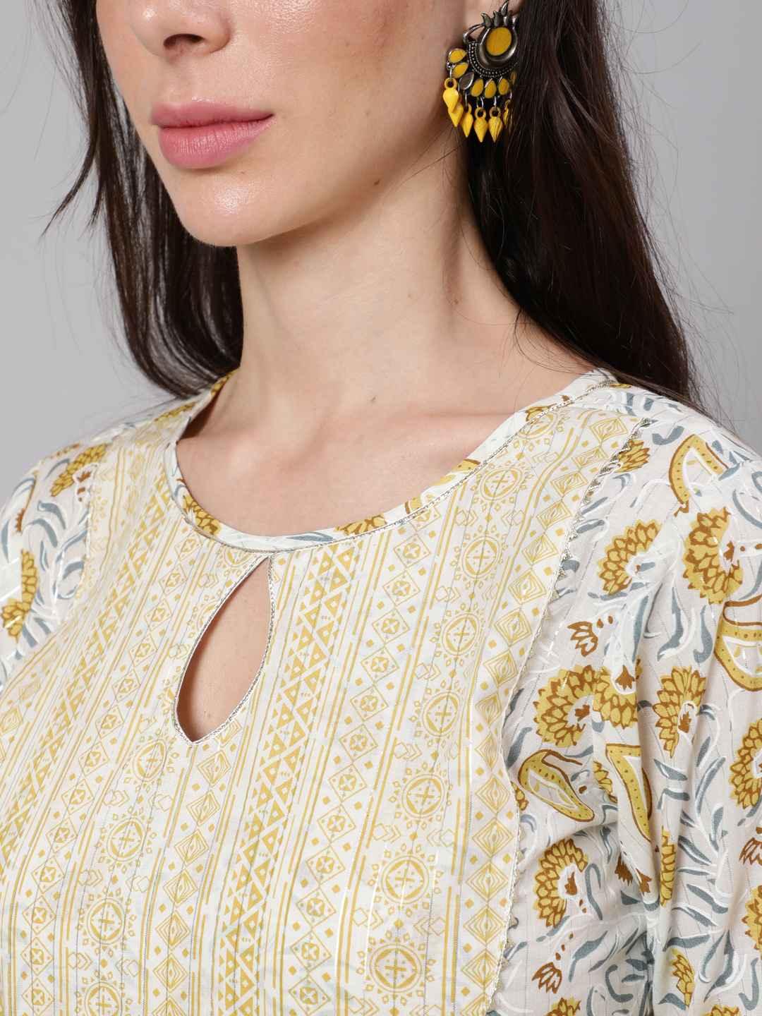 Women's Yellow Paisley Printed Pure Cotton Kurta With Palazzos & With Dupatta - THE NKS PLUS - Indiakreations