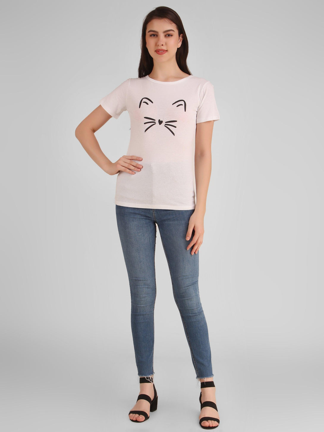 Women White Meow Top - NOZ2TOZ - Indiakreations