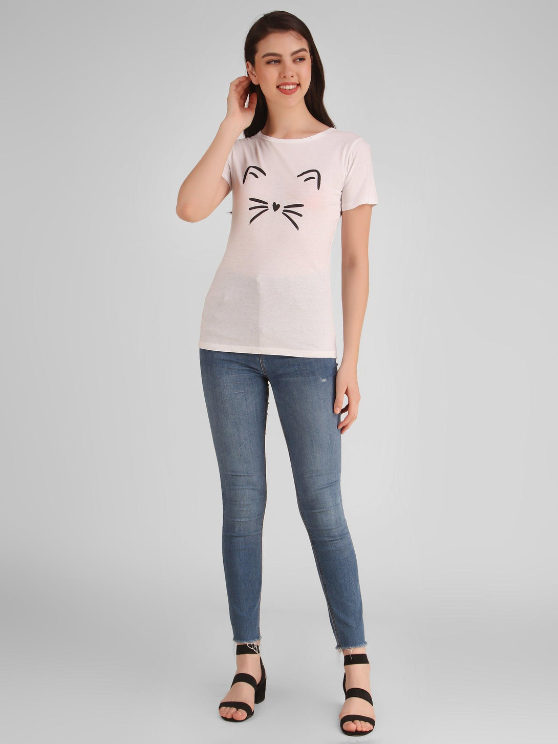 Women White Meow Top - NOZ2TOZ - Indiakreations