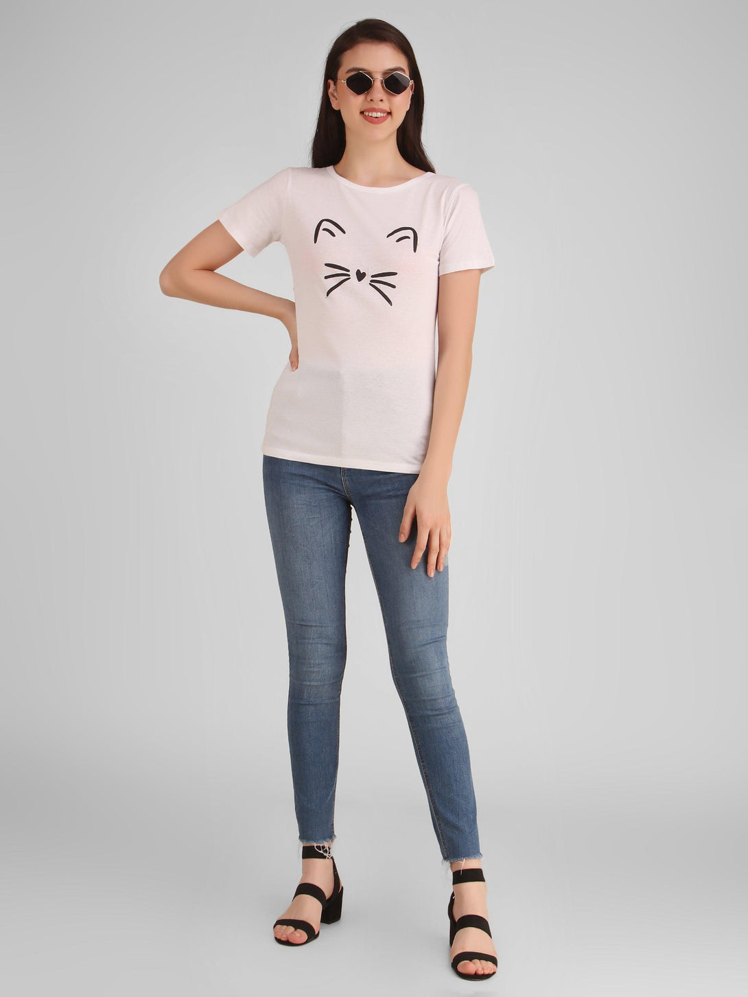 Women White Meow Top - NOZ2TOZ - Indiakreations