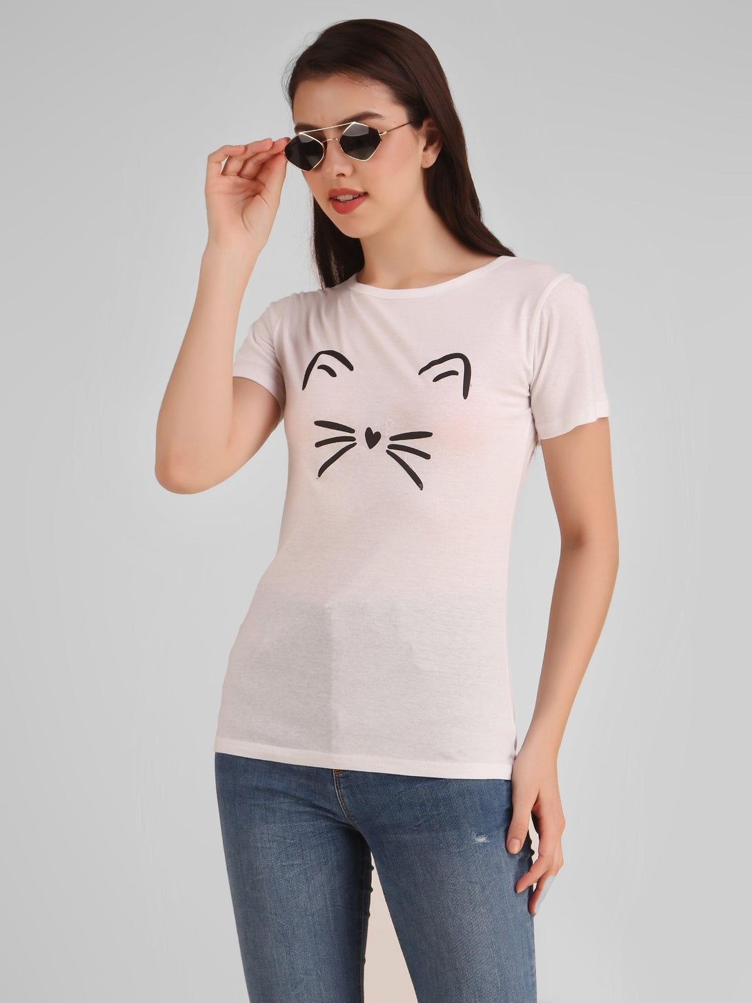 Women White Meow Top - NOZ2TOZ - Indiakreations