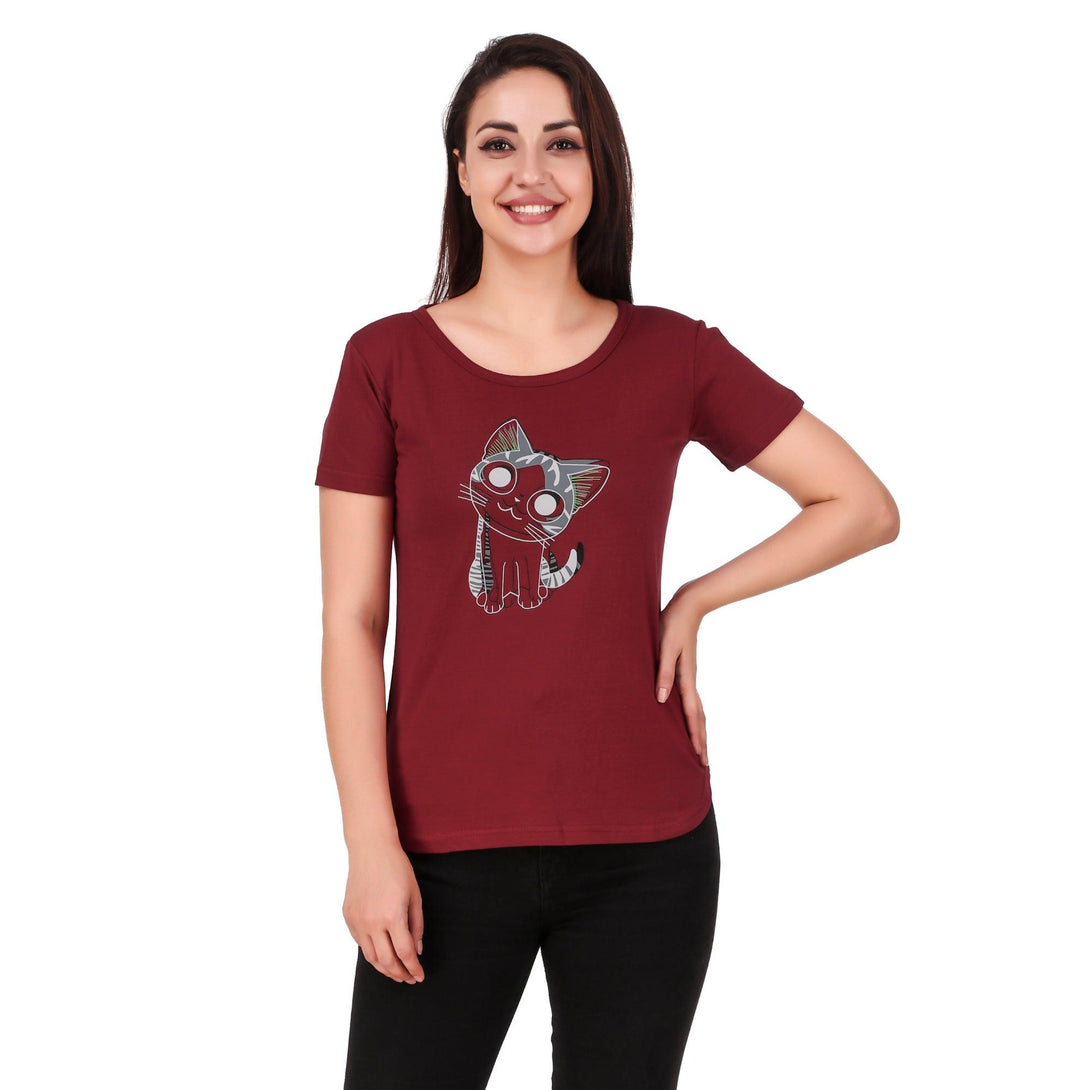 Women Maroon Cat Print Top - NOZ2TOZ - Indiakreations