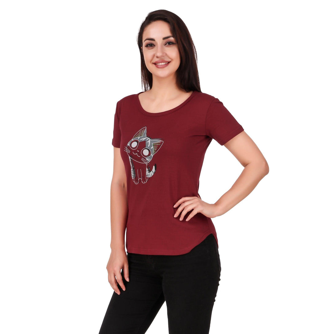 Women Maroon Cat Print Top - NOZ2TOZ - Indiakreations