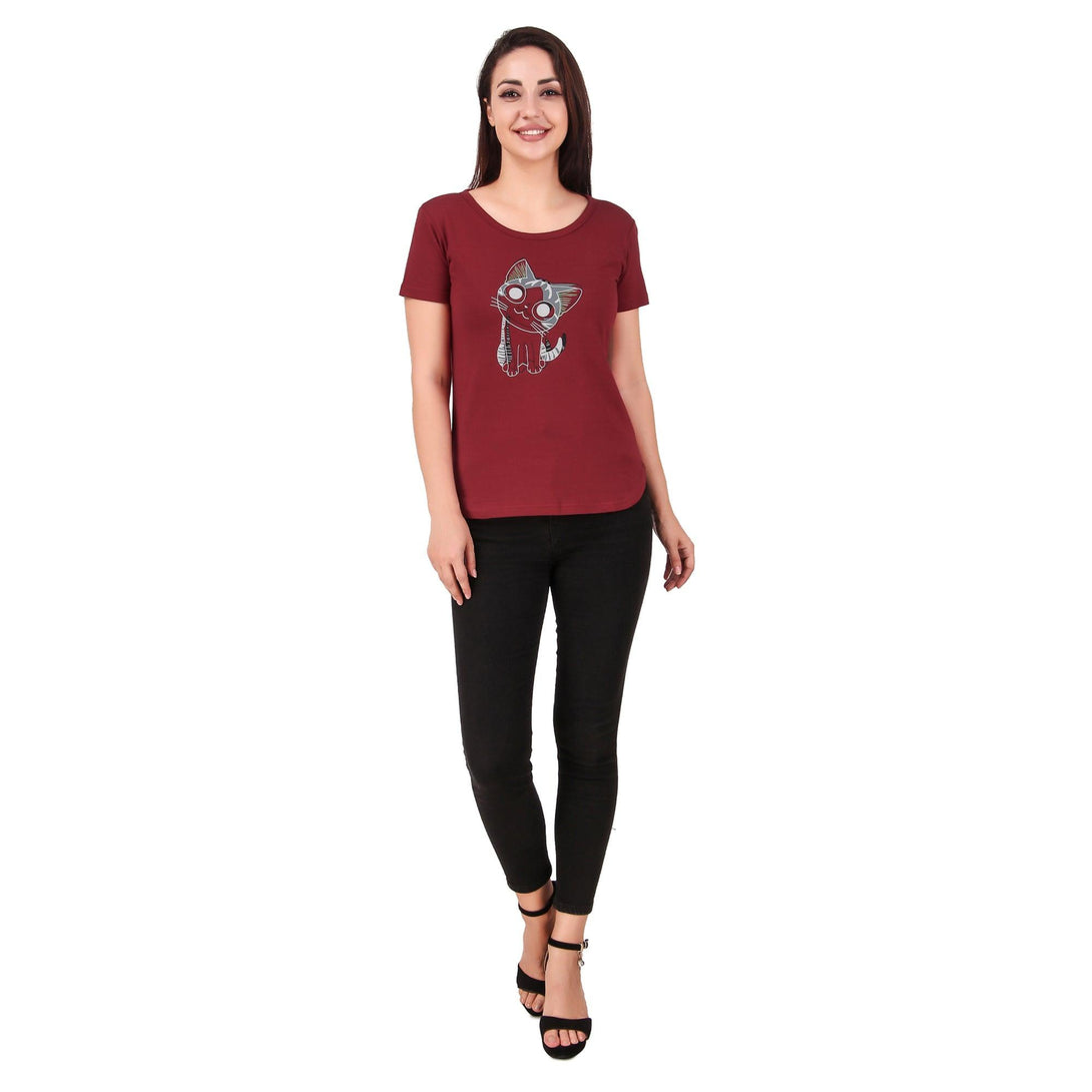 Women Maroon Cat Print Top - NOZ2TOZ - Indiakreations