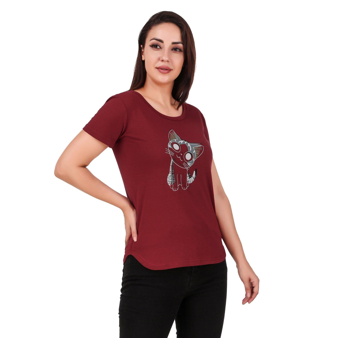 Women Maroon Cat Print Top - NOZ2TOZ - Indiakreations