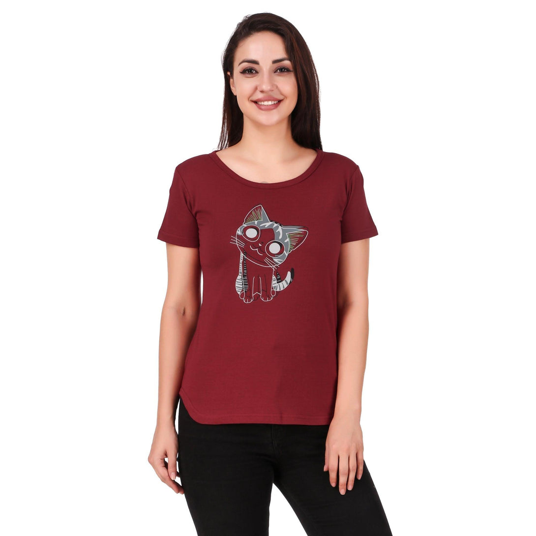 Women Maroon Cat Print Top - NOZ2TOZ - Indiakreations