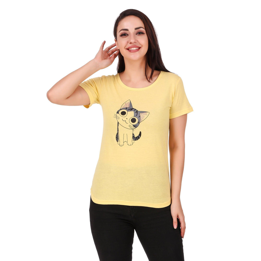 Women Yellow Cat Print Top - NOZ2TOZ - Indiakreations