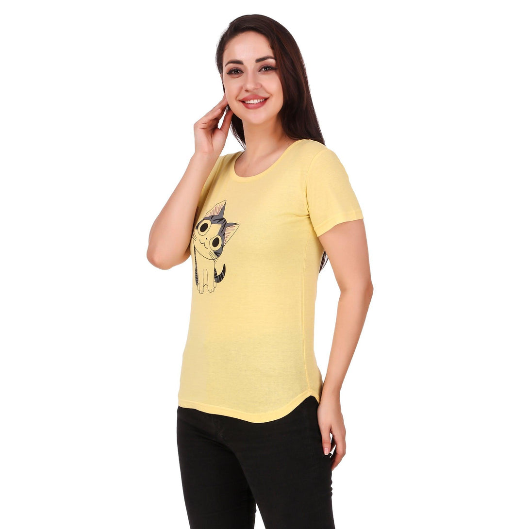 Women Yellow Cat Print Top - NOZ2TOZ - Indiakreations