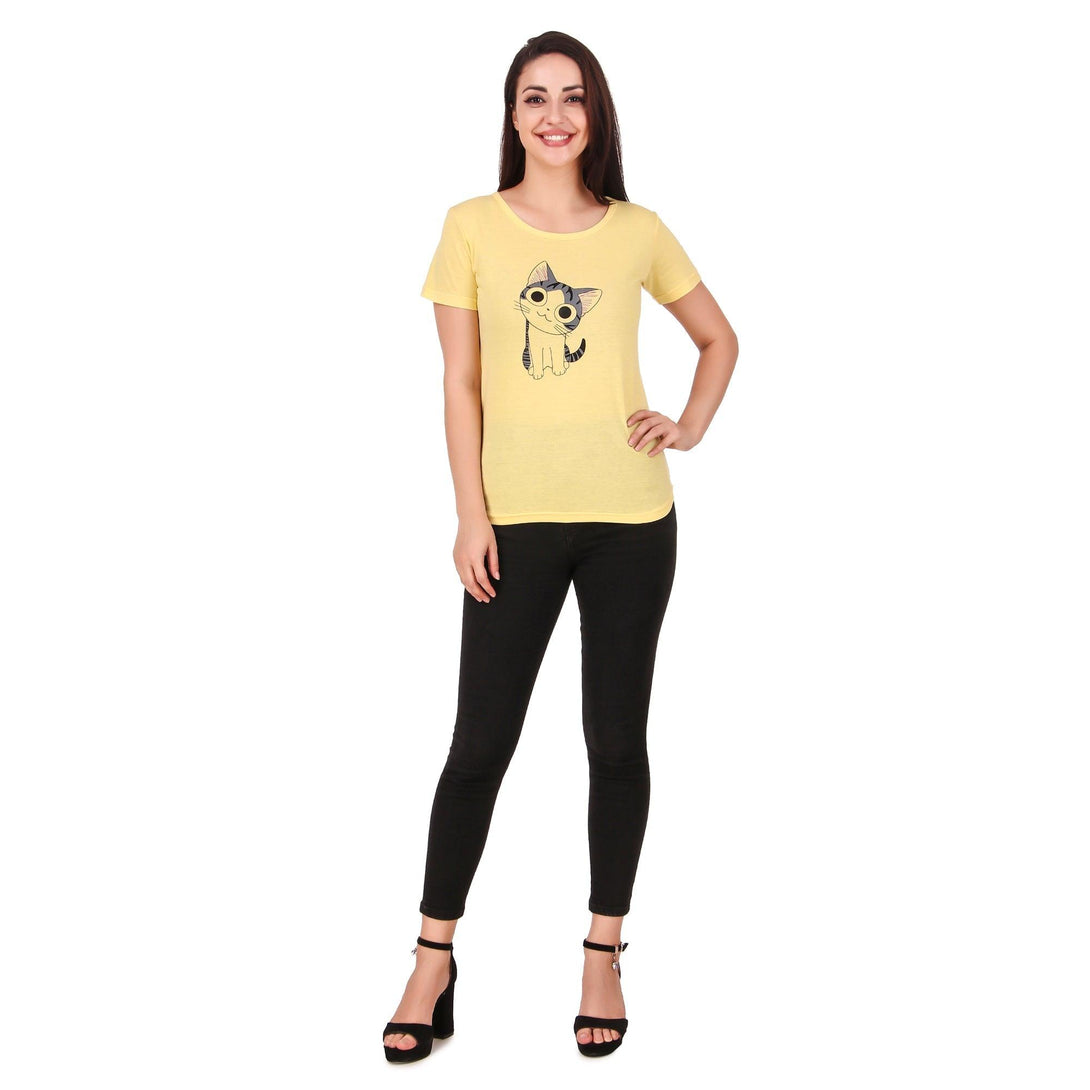 Women Yellow Cat Print Top - NOZ2TOZ - Indiakreations