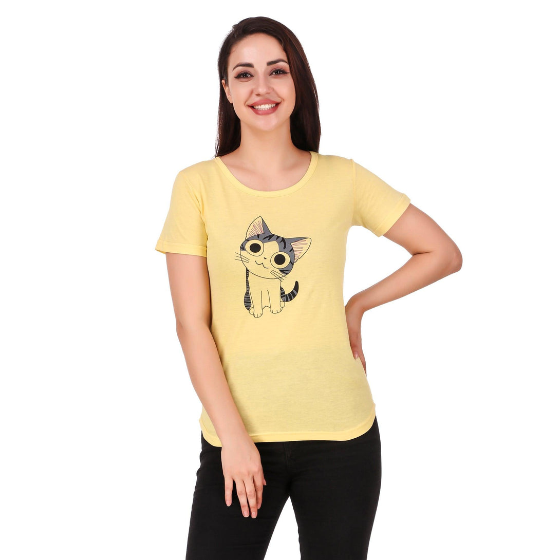 Women Yellow Cat Print Top - NOZ2TOZ - Indiakreations