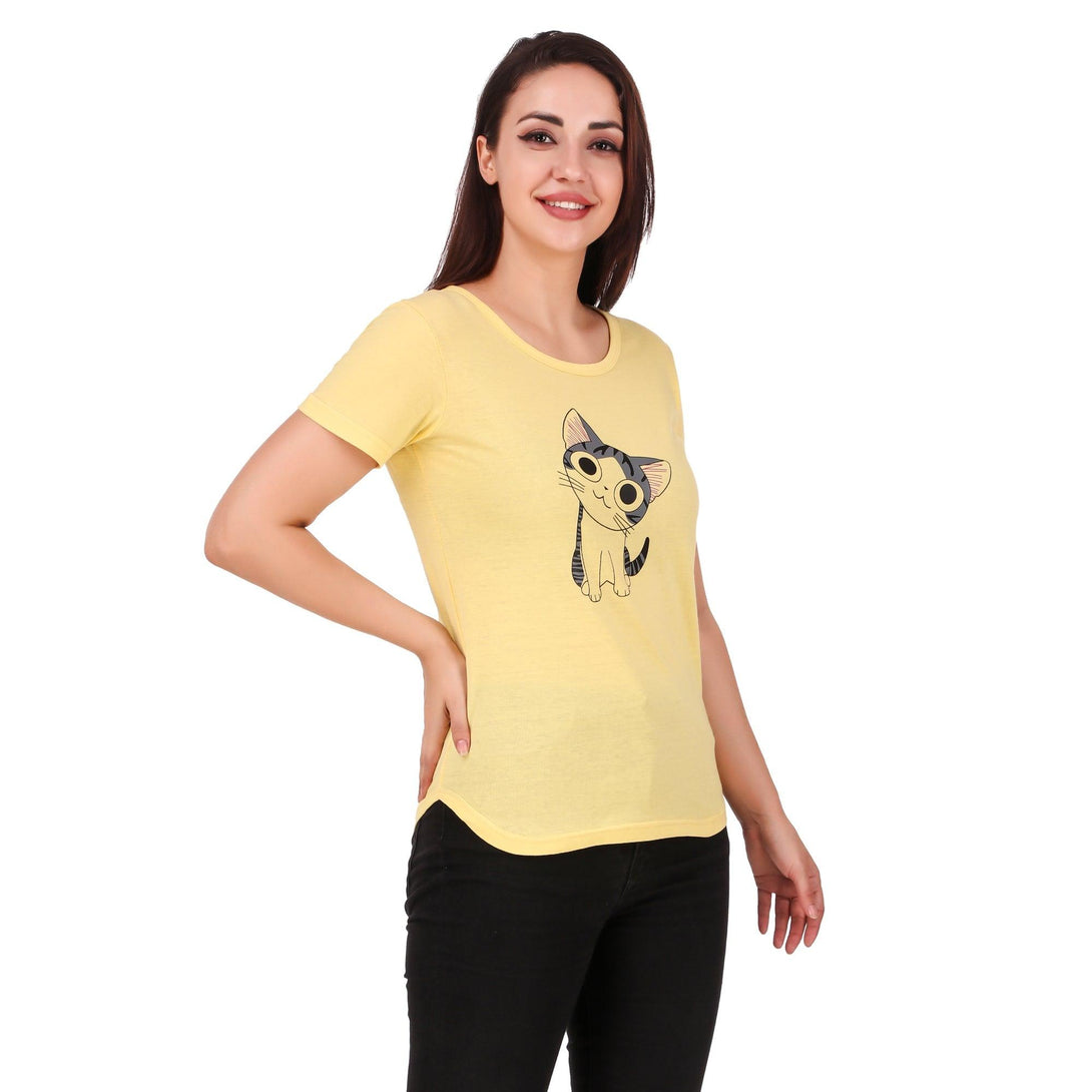 Women Yellow Cat Print Top - NOZ2TOZ - Indiakreations