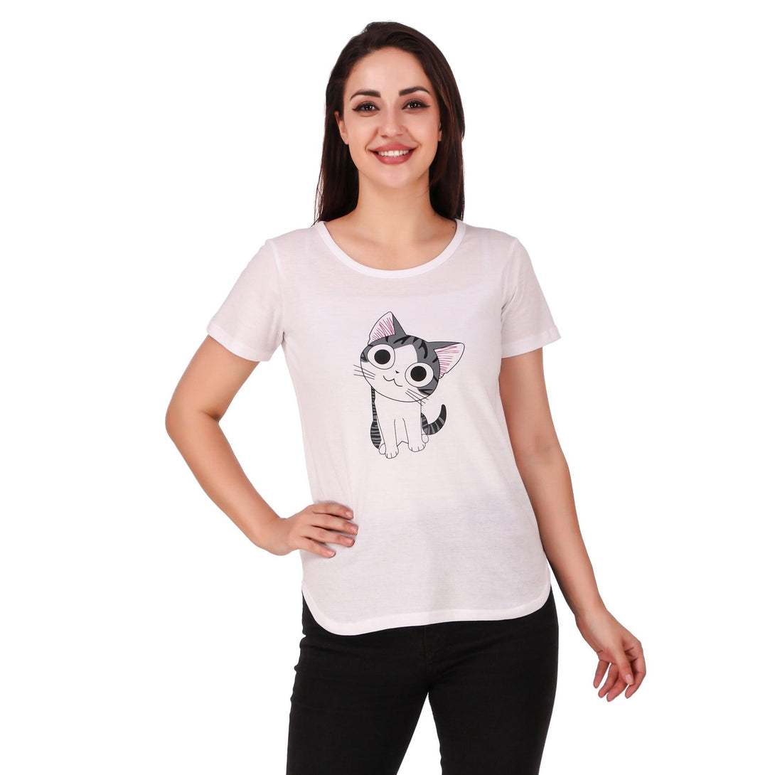 Women White Cat Print Top - NOZ2TOZ - Indiakreations