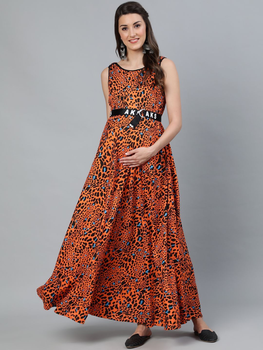 Women's Orange & Black Animal Printed Maternity Maxi - AKS