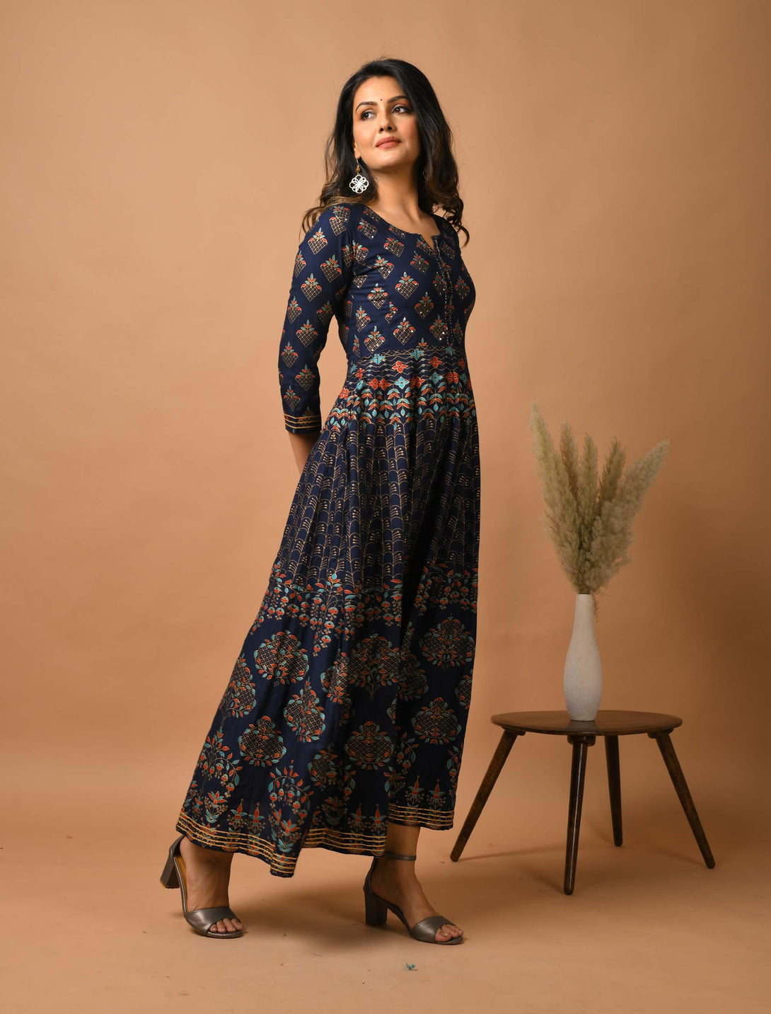 Blue Printed Ethnic Gown - Indiakreations