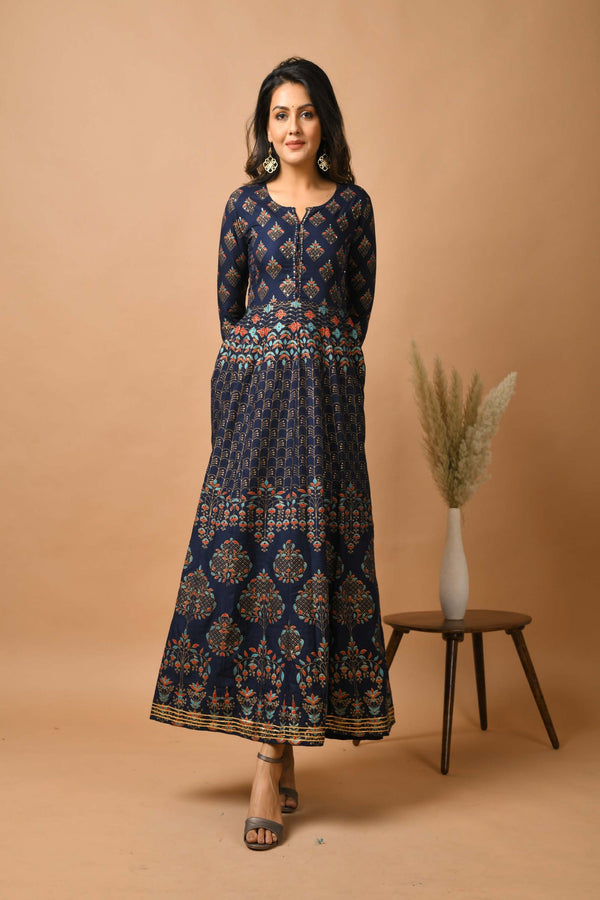 Women's Blue Gold Print Anarkali kurta - KAAJH