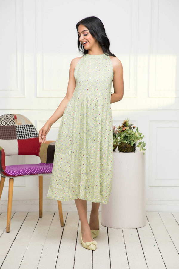 Women's Green Ethnic Motifs Rayon A-Line Round Neck Dress - Myshka