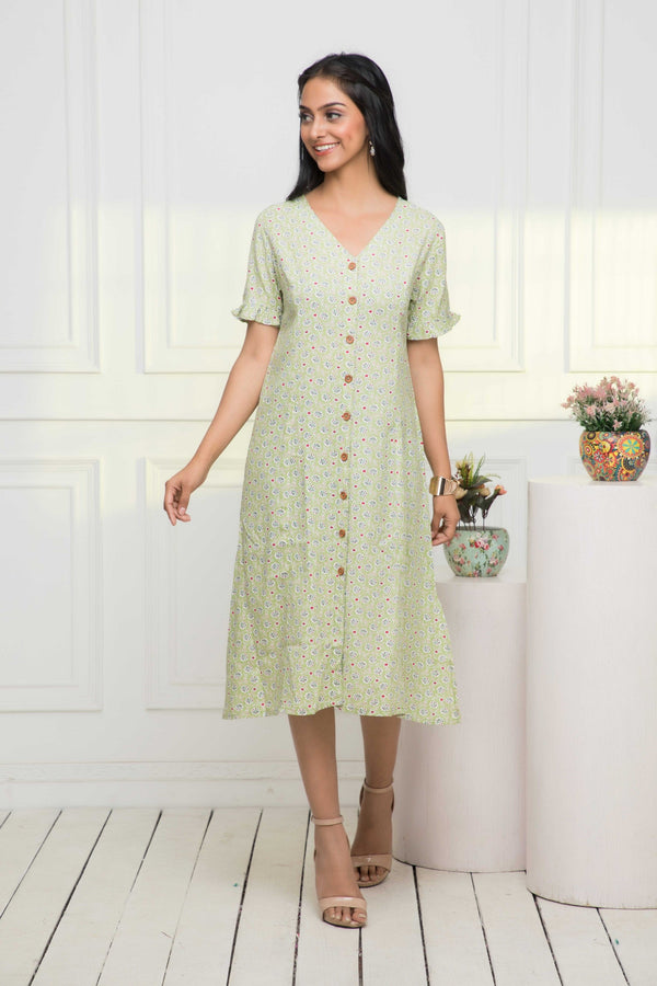 Women's Green Ethnic Motifs Rayon A-Line V-Neck Dress - Myshka