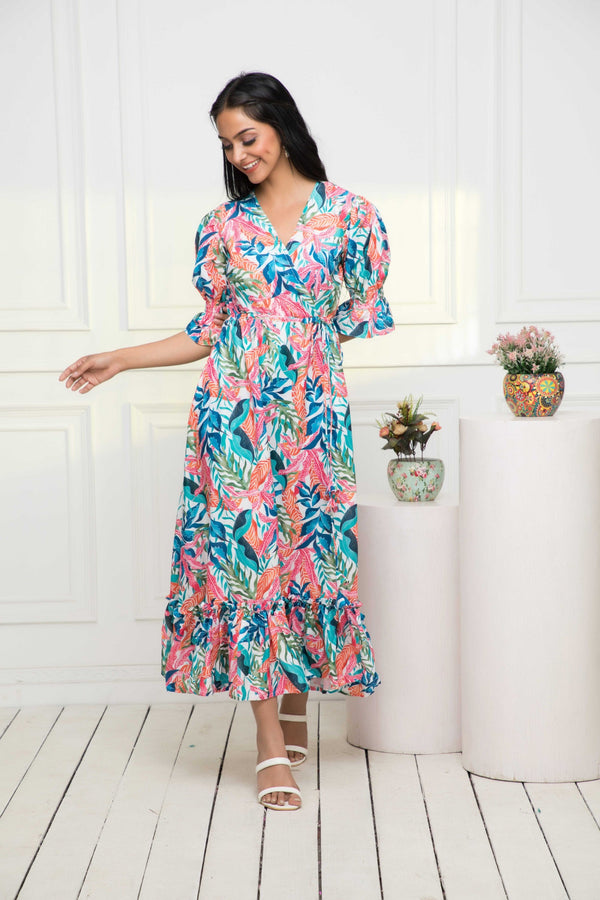 Women's Multi Floral Polyester A-Line V-Neck Dress - Myshka