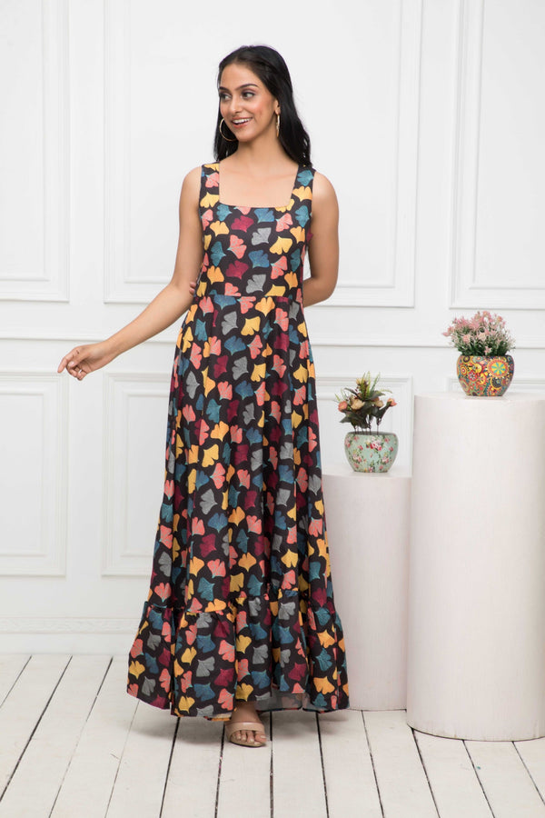 Women's Black Floral Rayon A-Line Round Neck Dress - Myshka