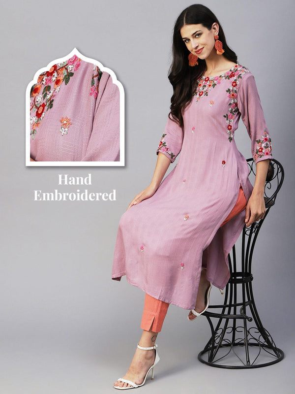 Floral Hand Embroidered Straight Fit Kurta - Lavender - Indiakreations