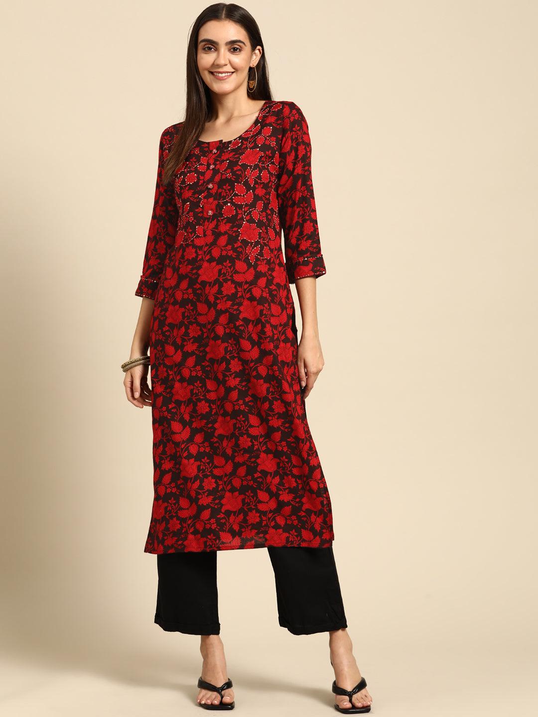 Floral Printed and Kantha Embroidered Kurta - Black - Indiakreations