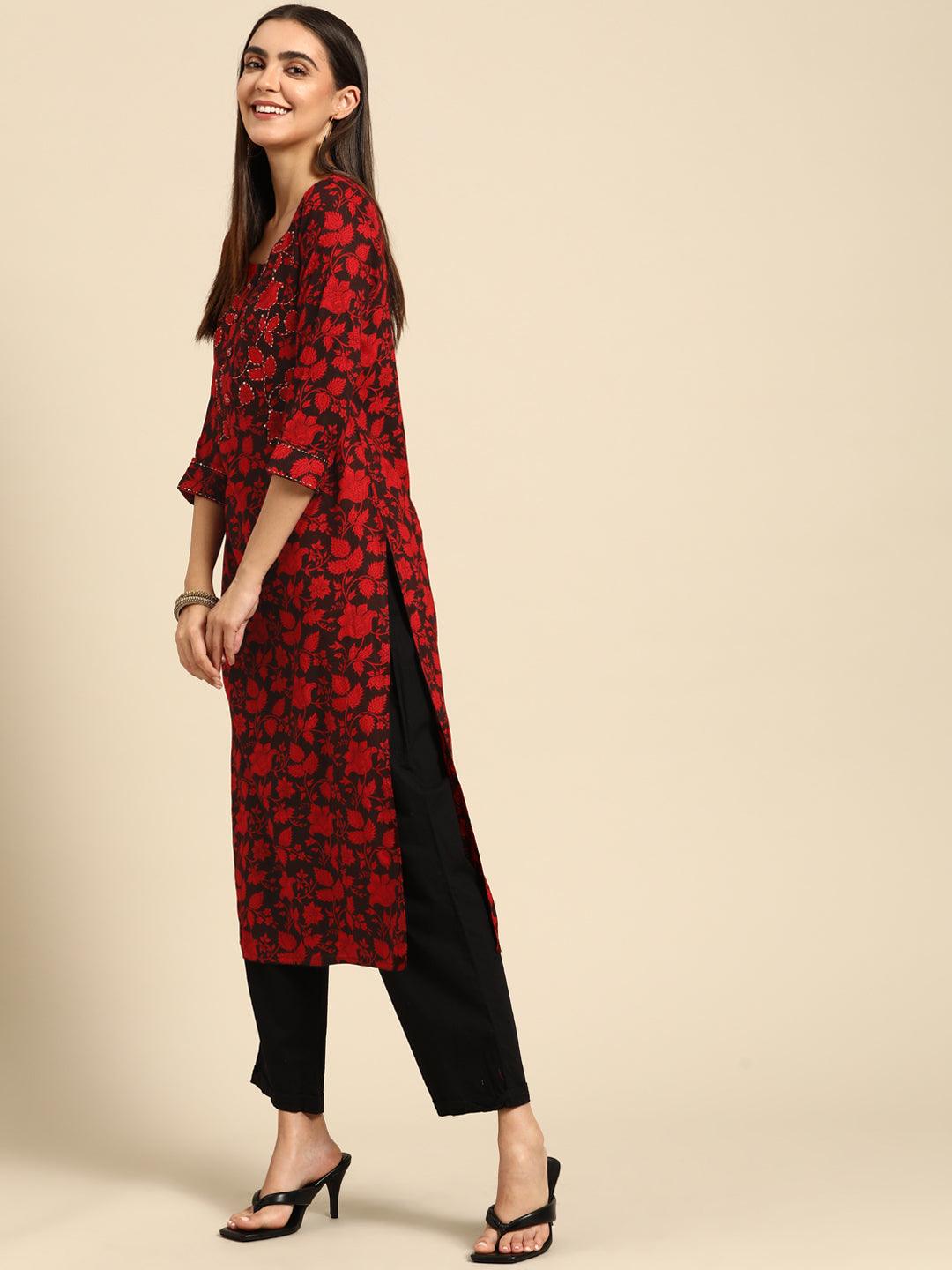 Floral Printed and Kantha Embroidered Kurta - Black - Indiakreations