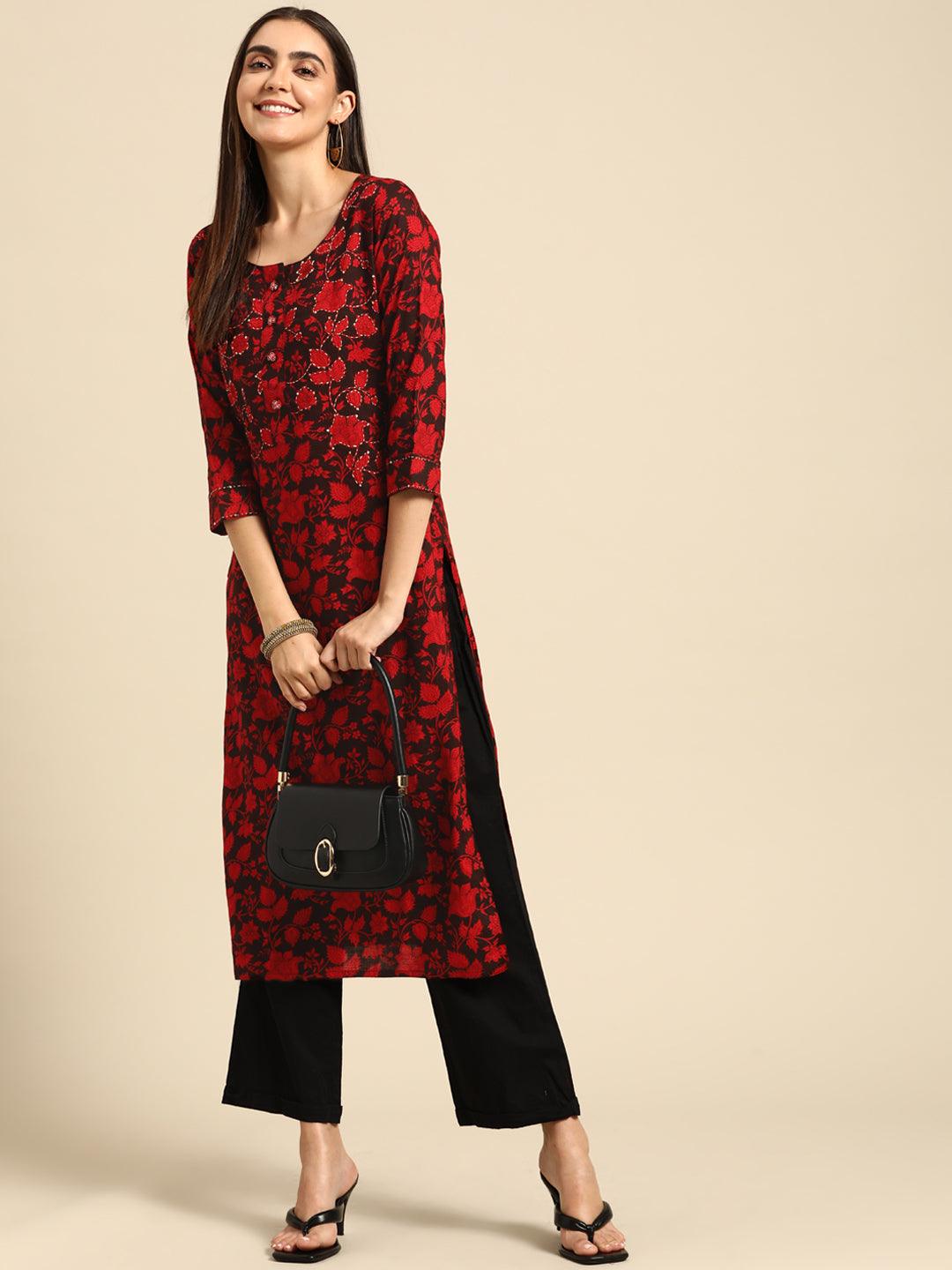 Floral Printed and Kantha Embroidered Kurta - Black - Indiakreations