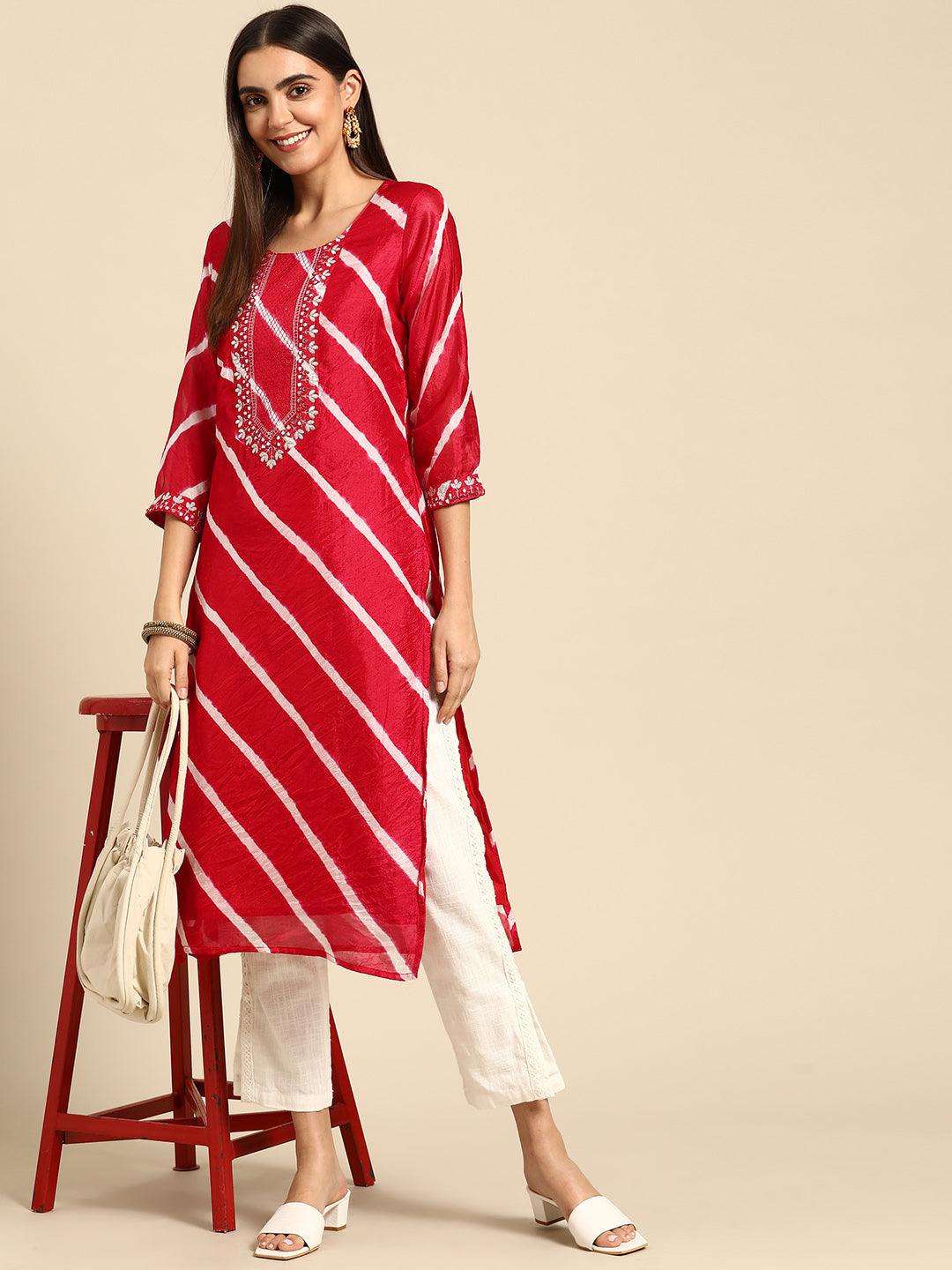 Leheriya Printed & Embroidered Kurta - Red - Indiakreations