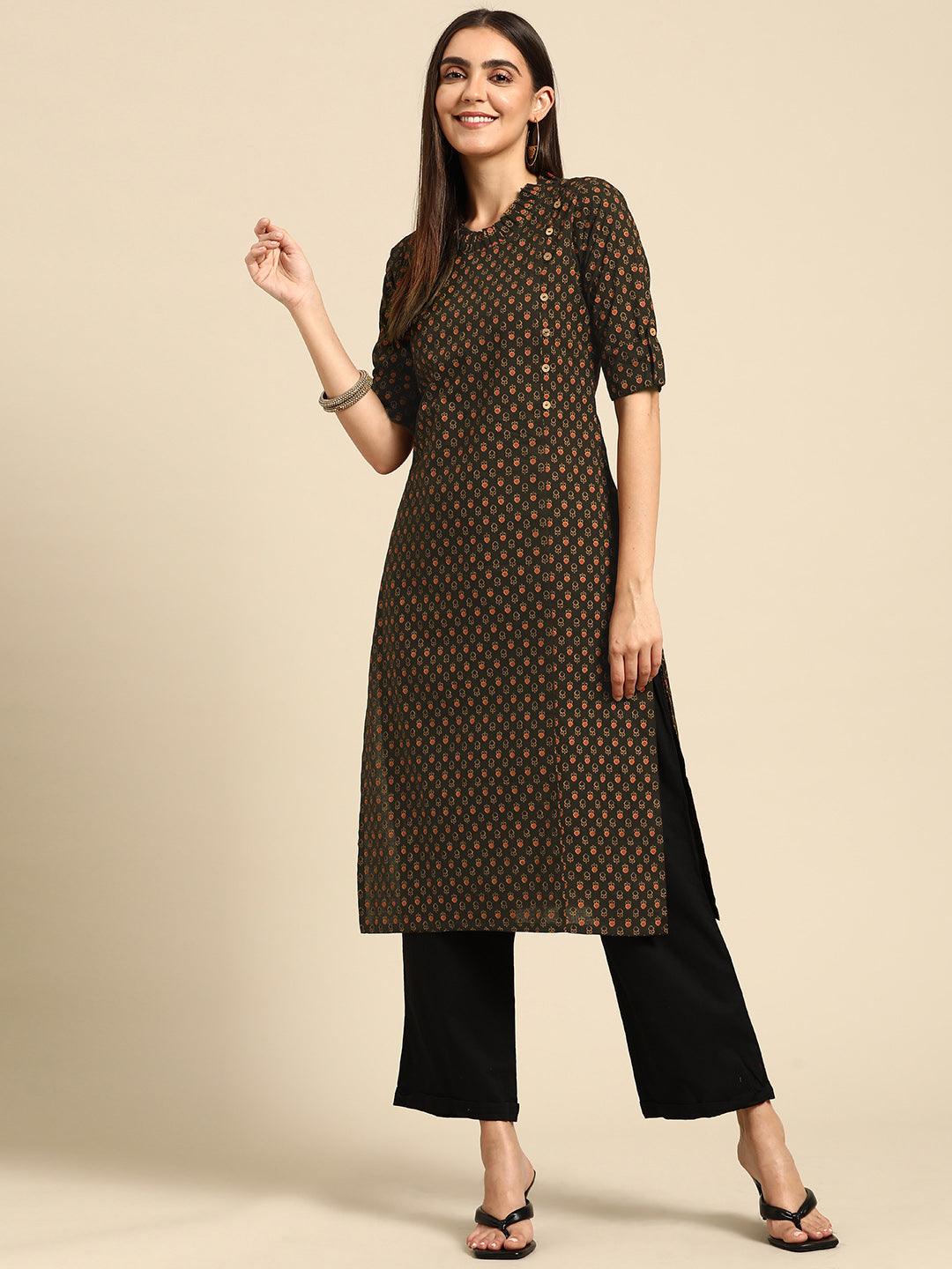 Ethnic Printed Side placket Straight Kurta - Deep Brown - Indiakreations