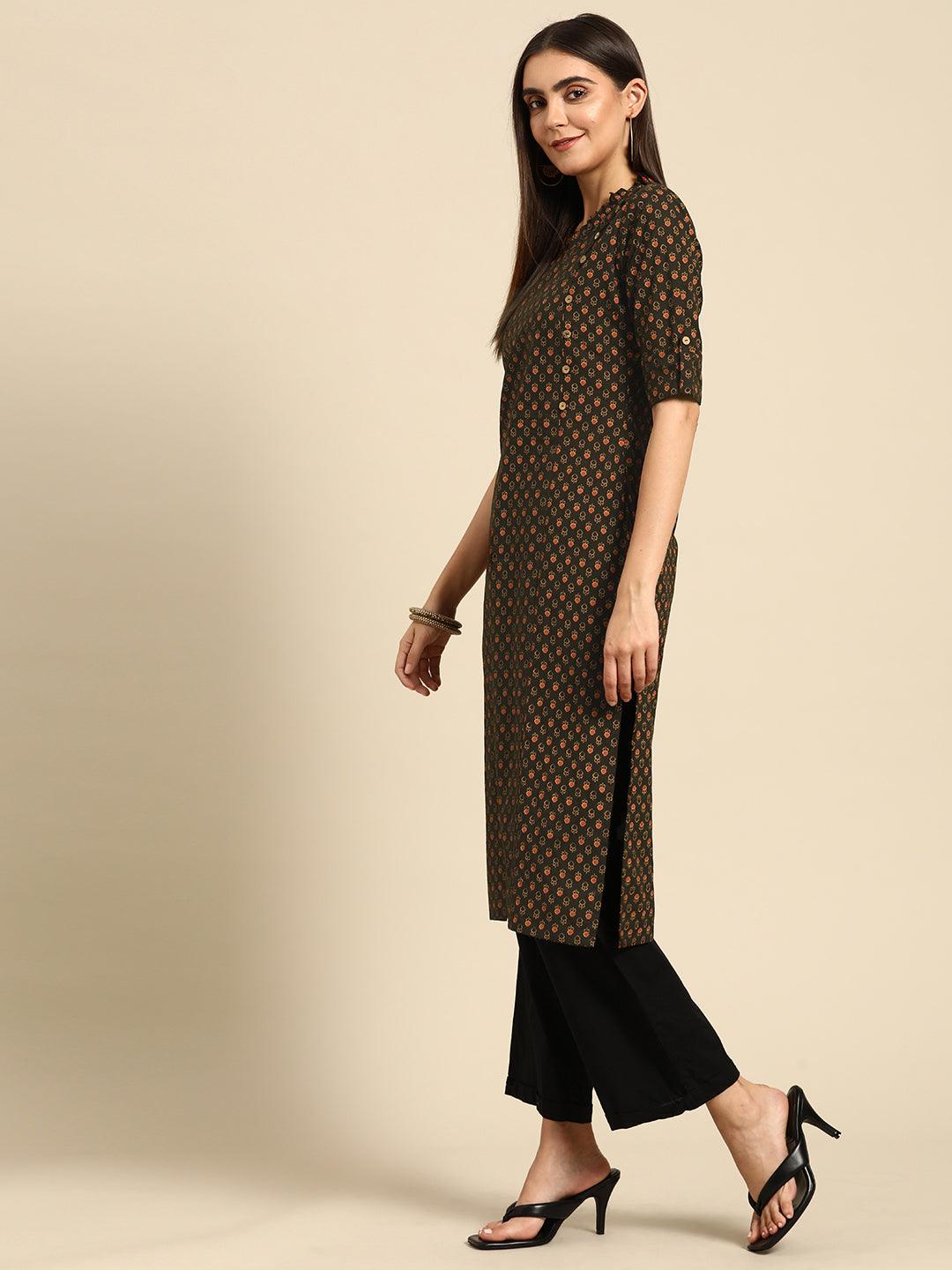 Ethnic Printed Side placket Straight Kurta - Deep Brown - Indiakreations