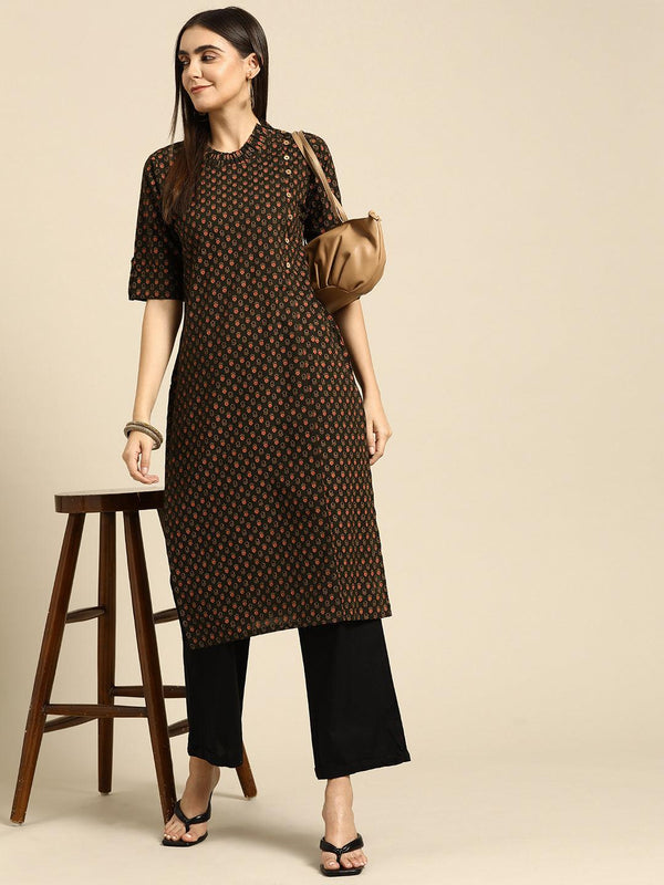 Ethnic Printed Side placket Straight Kurta - Deep Brown - Indiakreations