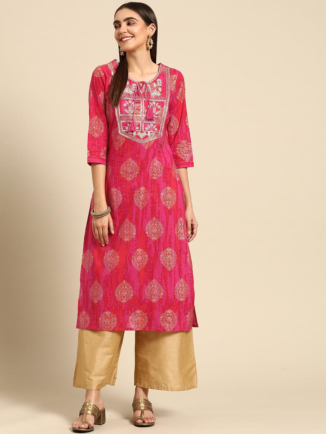 Ethnic Foil Printed & Embroidered Kurta - Fuschia Pink - Indiakreations