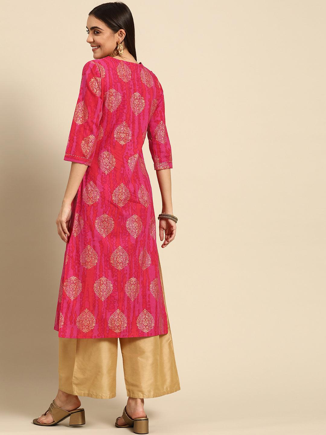 Ethnic Foil Printed & Embroidered Kurta - Fuschia Pink - Indiakreations