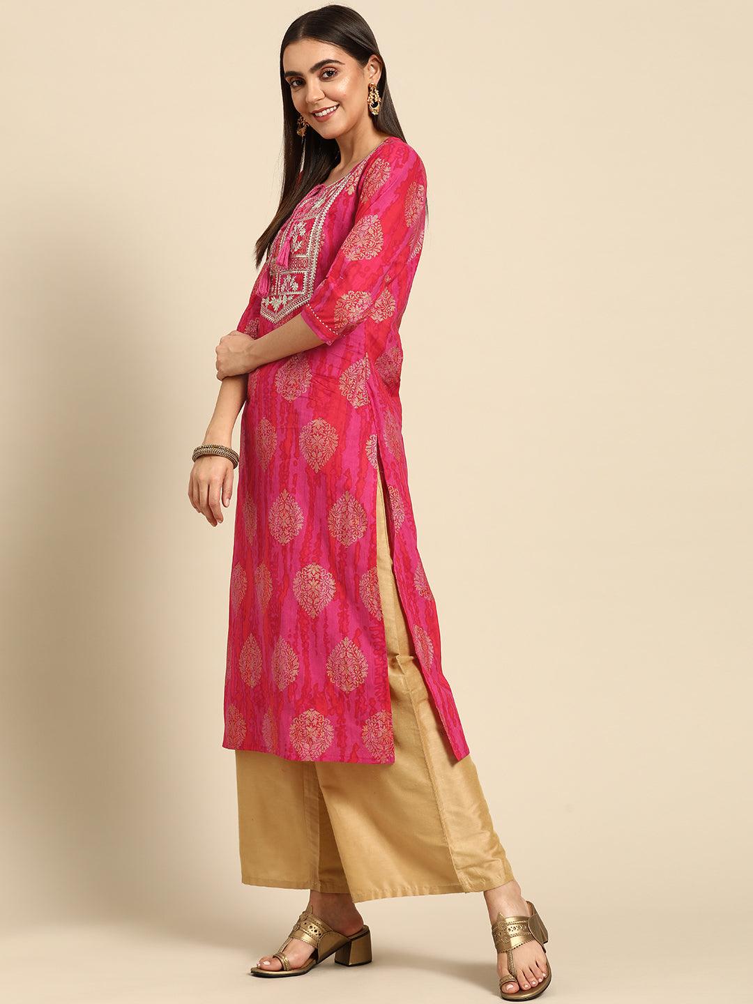 Ethnic Foil Printed & Embroidered Kurta - Fuschia Pink - Indiakreations