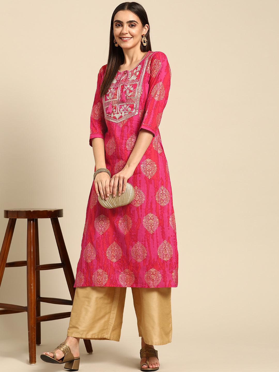 Ethnic Foil Printed & Embroidered Kurta - Fuschia Pink - Indiakreations