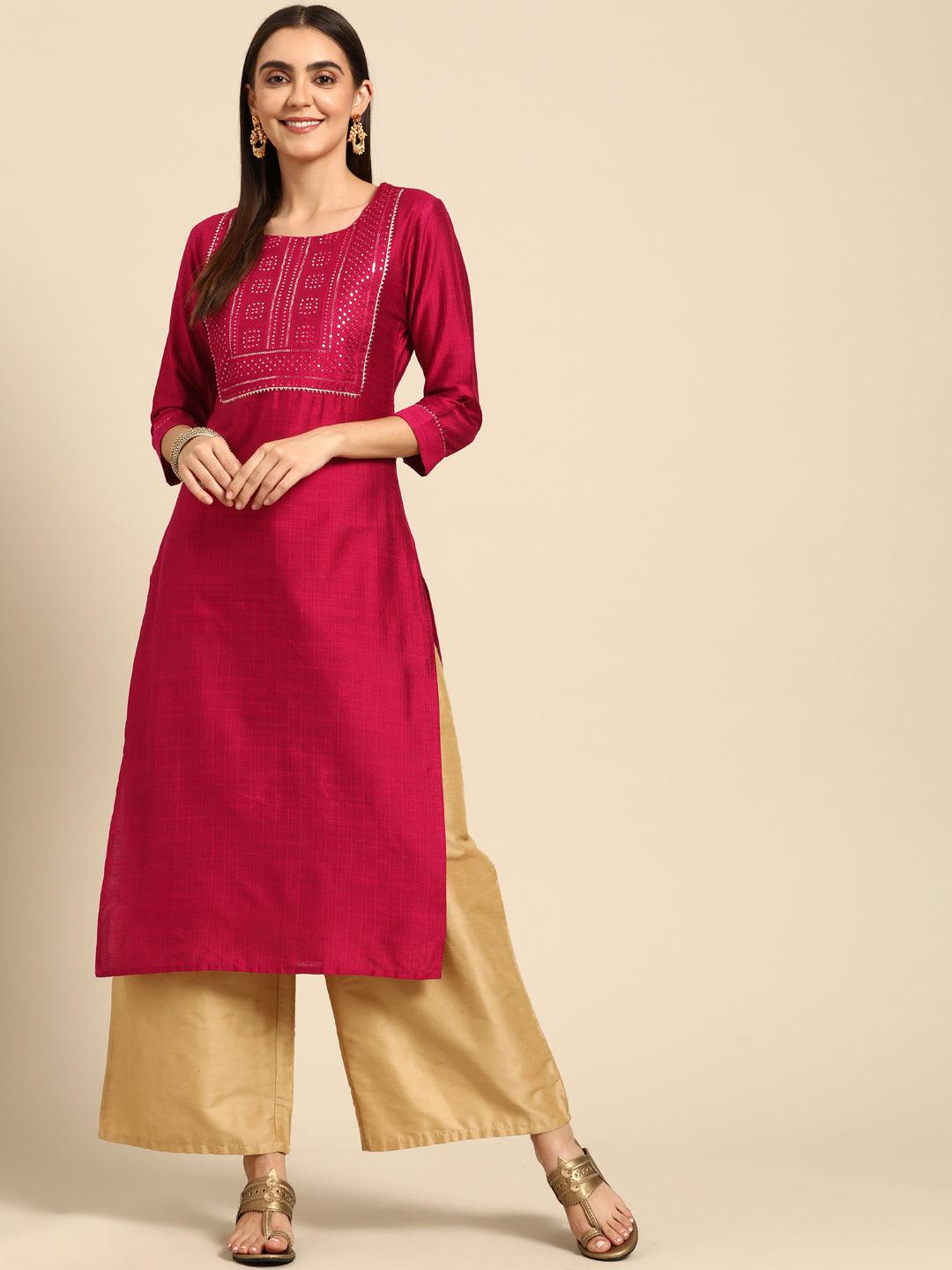 Sequin Embroidered Straight Kurta - Magenta - Indiakreations