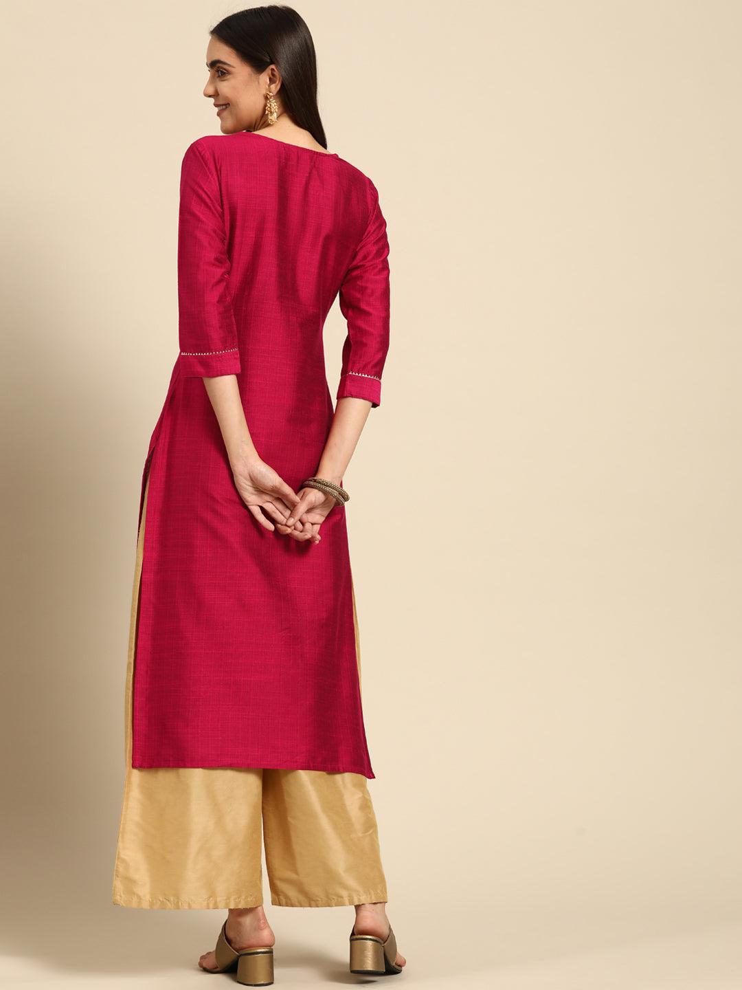 Sequin Embroidered Straight Kurta - Magenta - Indiakreations