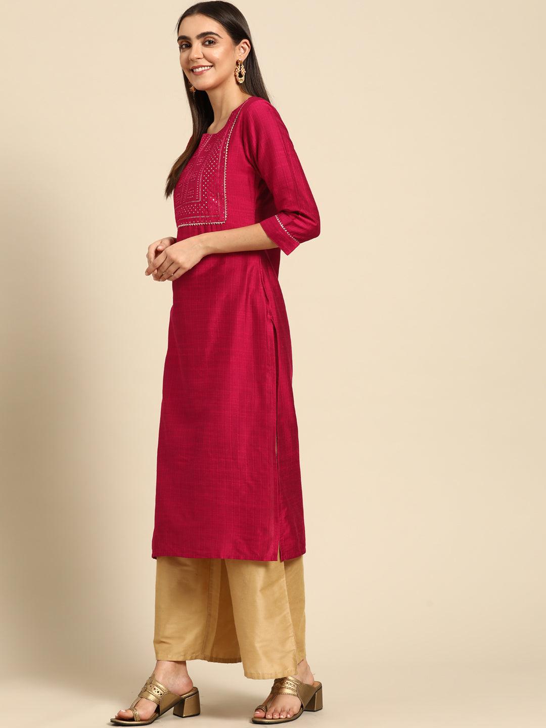 Sequin Embroidered Straight Kurta - Magenta - Indiakreations