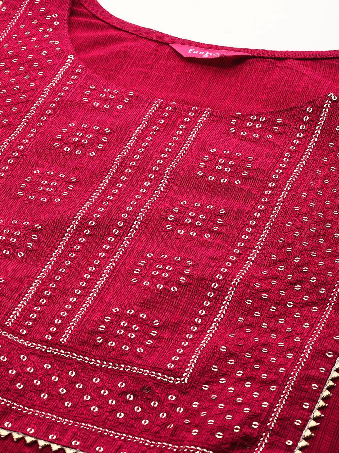 Sequin Embroidered Straight Kurta - Magenta - Indiakreations