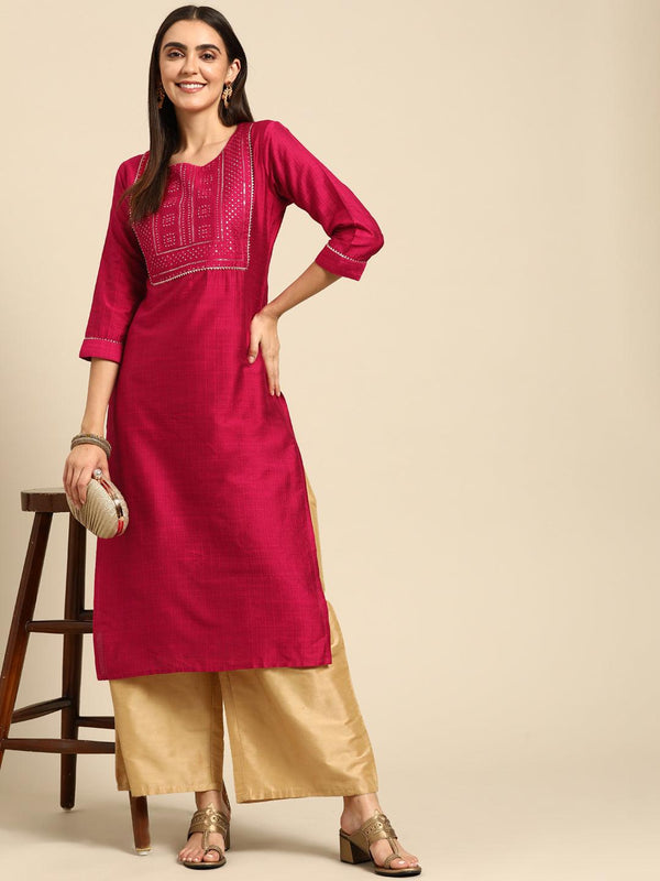 Sequin Embroidered Straight Kurta - Magenta - Indiakreations